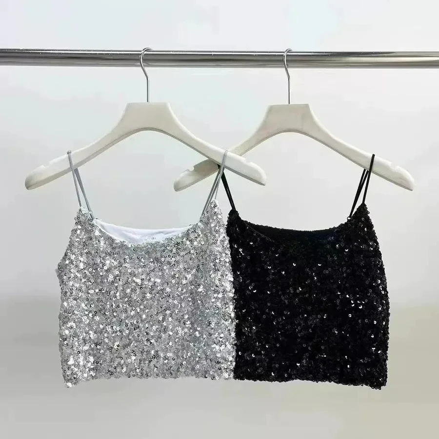 Letni błyszczący top na ramiączkach dla dziewcząt 2025, koreański uniwersalny modny top na ramiączkach, błyszcząca kamizelka na ramiączkach dla uczennic.