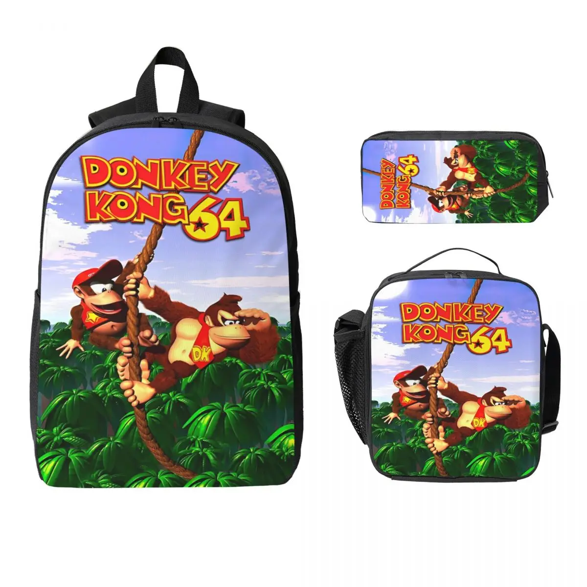 

3Pcs Donkey Kong Bananza School bags Set for Children Pen Bags Backpack Sets with Lunch Box For Primary School Students Knapsack