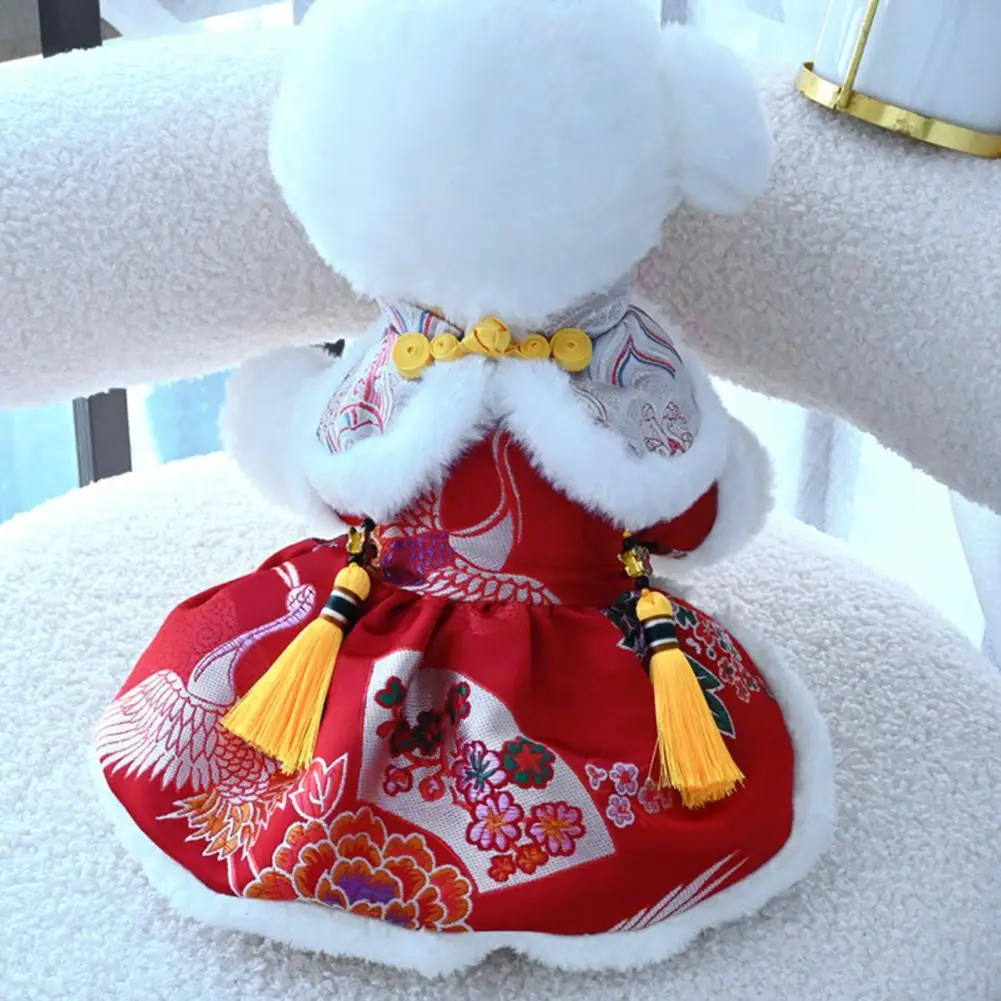 Beautiful Dog Skirt Tassel Design Ultra-Thick Pet Tang Suit Retro Chinese Style Pet Dog Cat Dress Clothing