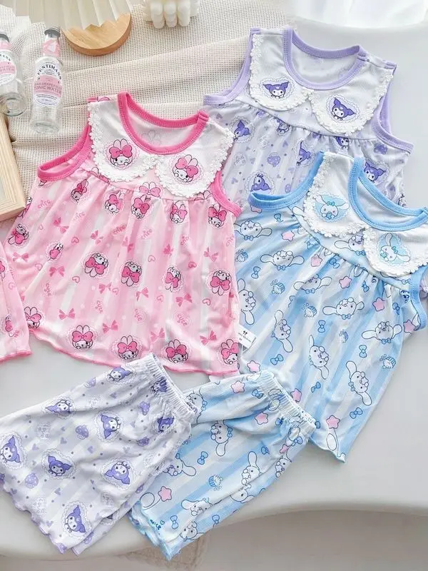 New Kawaii Sanrio Cinnamoroll Summer Kids Suit Kuromi Cinnamoroll Hello Kitty My Melody Anime Girl Pajamas Baby Short Sleeve Set