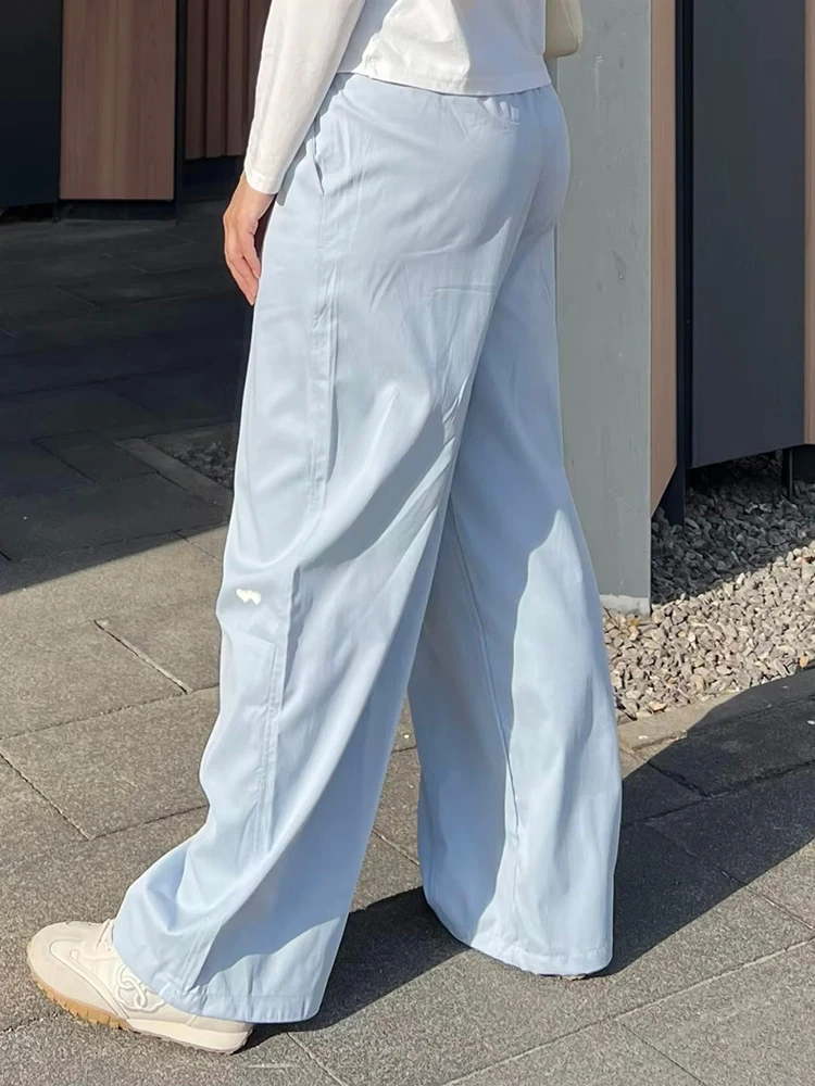 Blue Straight Pants For Women Elastic Wiast Jogger Quick-dry Sweatpants Baggy Embroidery Trousers Ladies Wide Leg Sport Pants