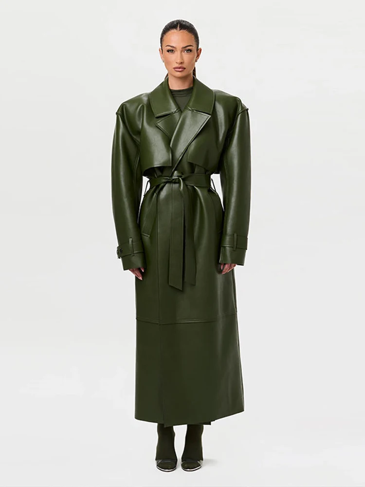 Fashion PU Leather Long Overcoats With Belt Women Luxury Lapel Button Oversize Jackets Female 2025 Autumn High Street Outerwear