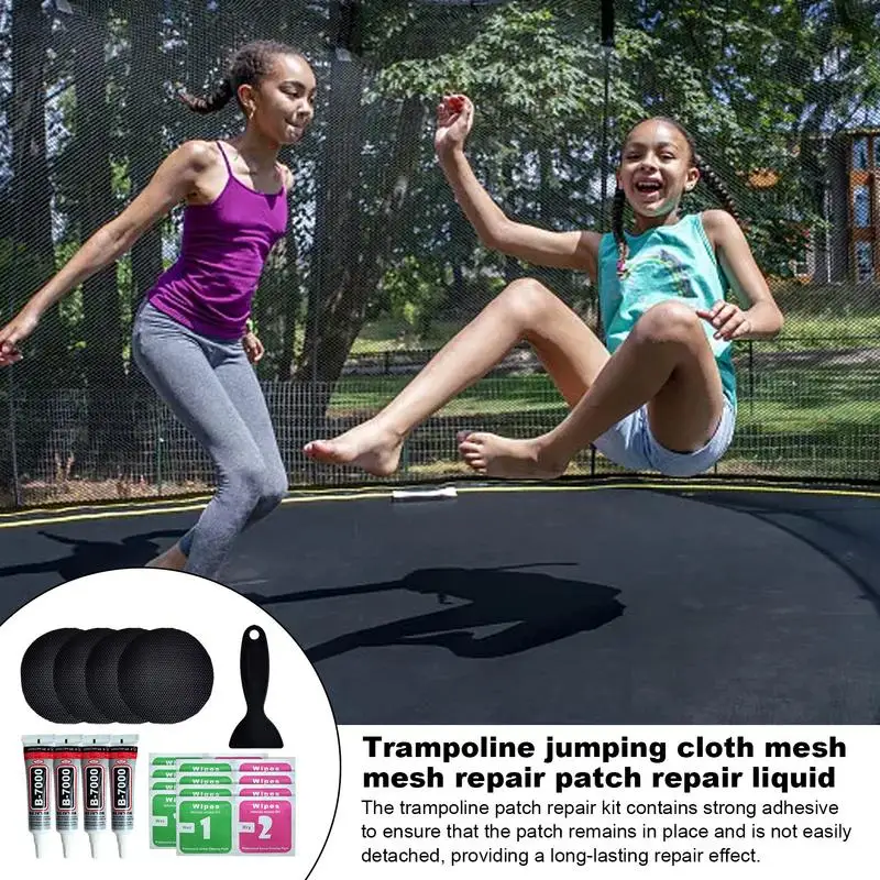 Trampoline Mat Repair Kit Glue-On Mesh Repair Patches With Scraper Holes Or Tears Repair Strong Adhesive 4 Pieces Long-Lasting