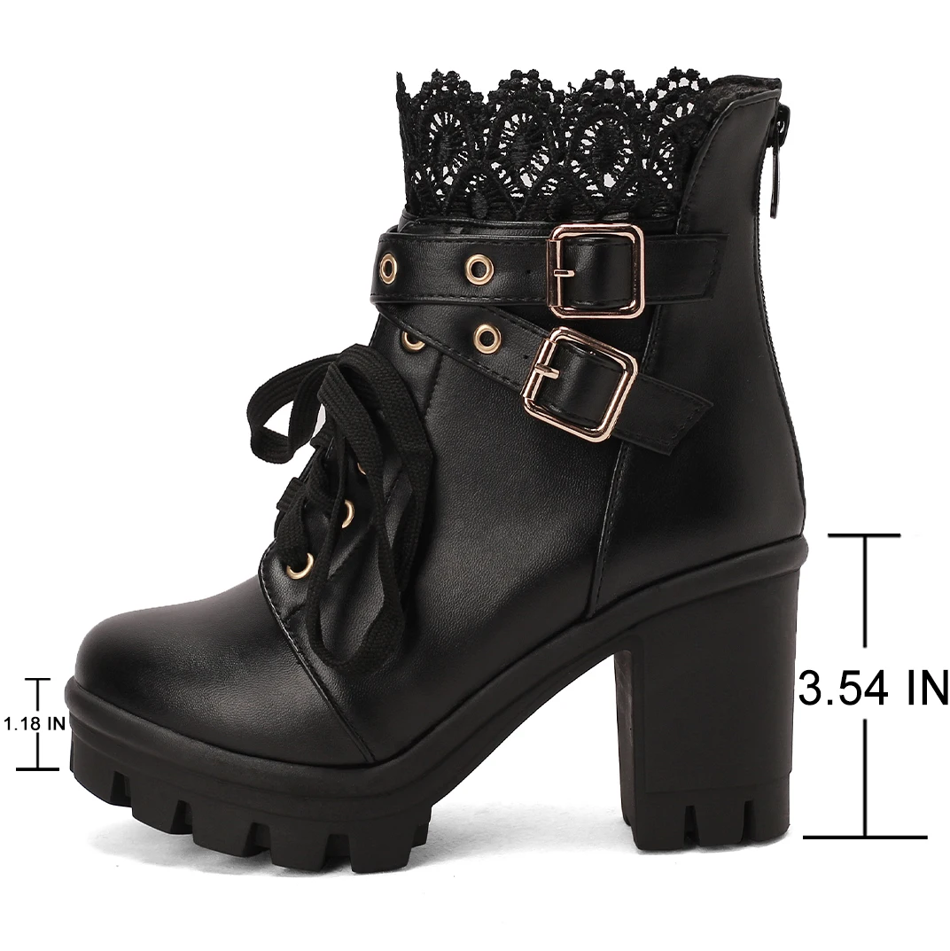 Goth Boots Women Platform Chunky Heel Buckle Lace Up Combat Booties - view 2