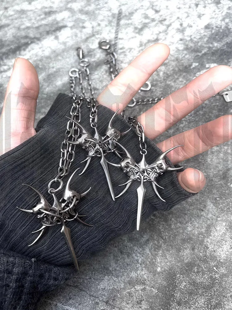 2025 New Punk Necklace Silver Color Metal Unisex Skeleton Spike Stainless Steel Ins Cool Neck Accessaries for Women Men Jewelry view 6