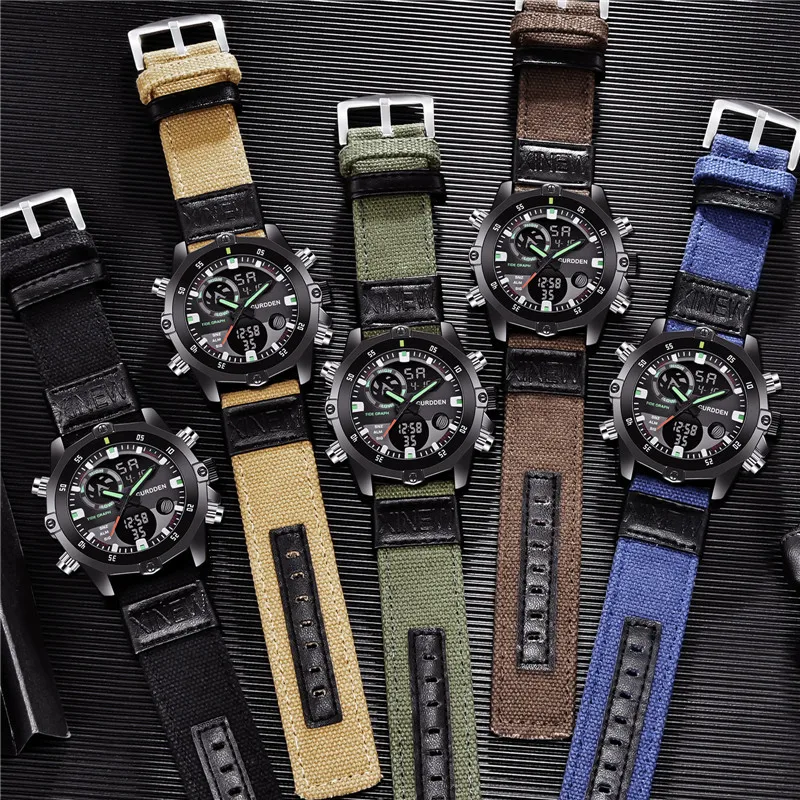 Men Genuine CURDDEN Dual Time Watches Fashion Nylon Band Multi-function Chronograph Sports Army Digital Watch Relogio Masculino