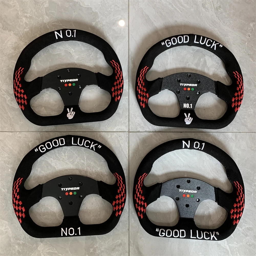 TIYPEOR 13 inch D-shaped Universal Game Steering Wheel 320mm Good Luck Embroidered Sport Steering Wheel for Car Sim Driving