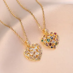 Fashion Love Pendant Necklace Stainless Steel Chain Heart Color Zircon Collarbone Chain for Women Girls Party Accessories