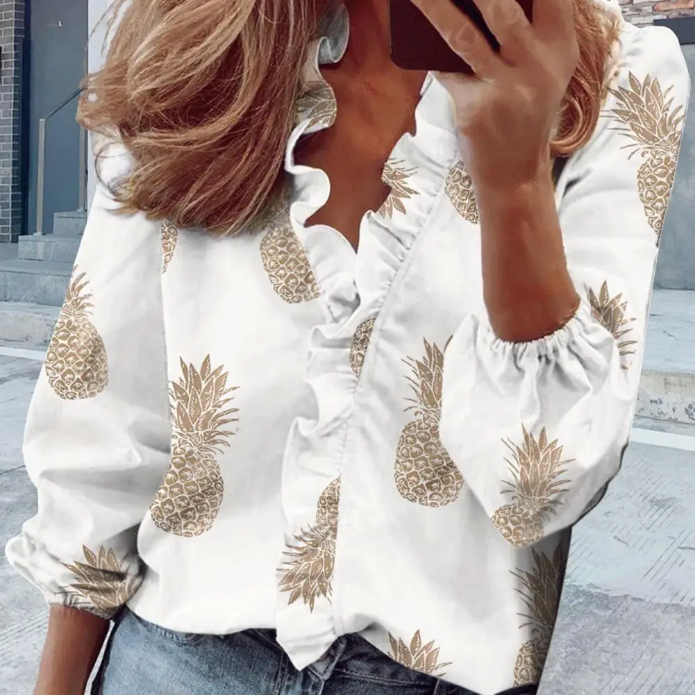 Shirt Tops Loose Fit Blouse Elegant V-neck Lantern Sleeve Shirt Tops for Women Ruffle Trim Pullover Tops Solid Color for Spring