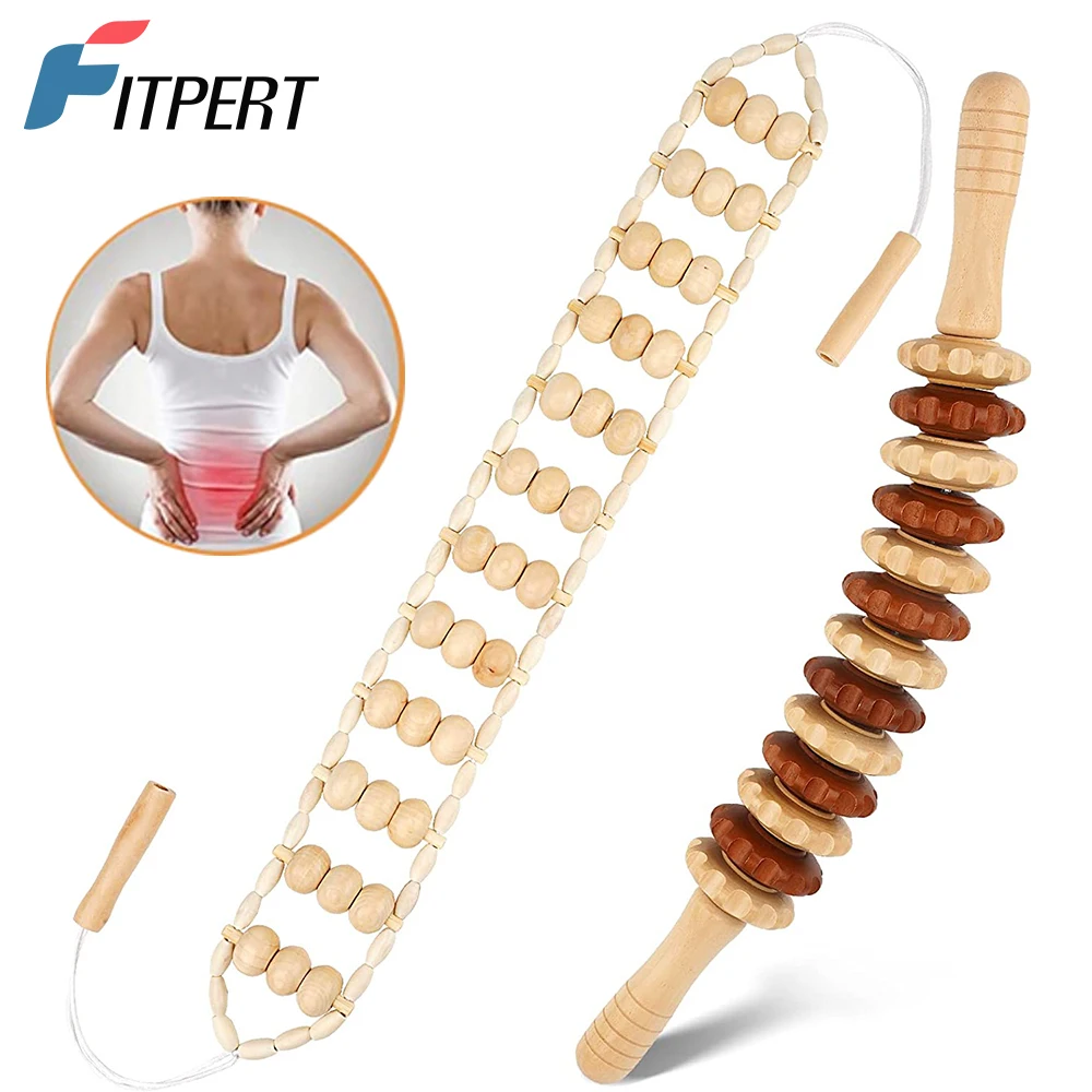 2 PCS Wood Therapy Massage Tools, Portable Manual Wooden Massage Wood Back Massage Roller Rope, Wood Massager Handheld Roller