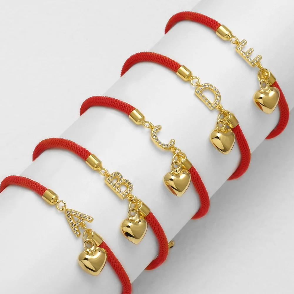Armband mit rotem Seil, Zirkonia-Anhänger mit Initialen, vergoldeter Herzanhänger, verstellbares geflochtenes Seilarmband, Schmuckgeschenk – Detail 1