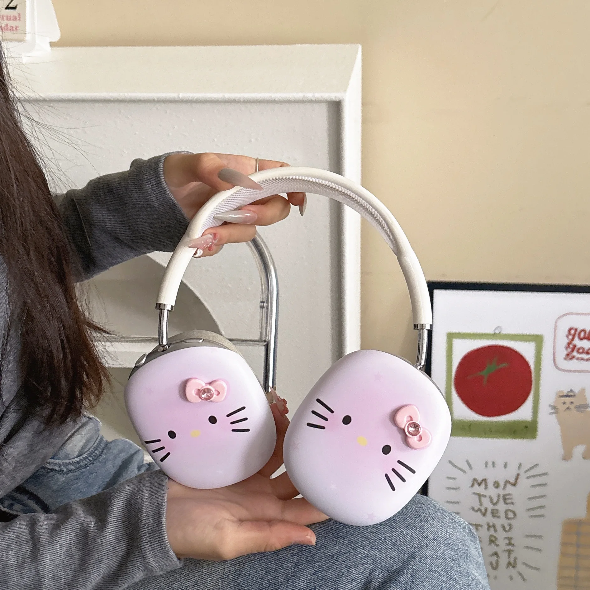 미니소 입체 리본 고양이 보호 커버 애플 헤드 장착형 이어 모자 이어 컵 이어폰 케이스
