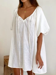 HiLoc Mid-Calf Nightgown Woman Dress Cotton Linen Lantern Sleeve Night Dress Women Nightwear White V-Neck Nightdress 2024 Summer