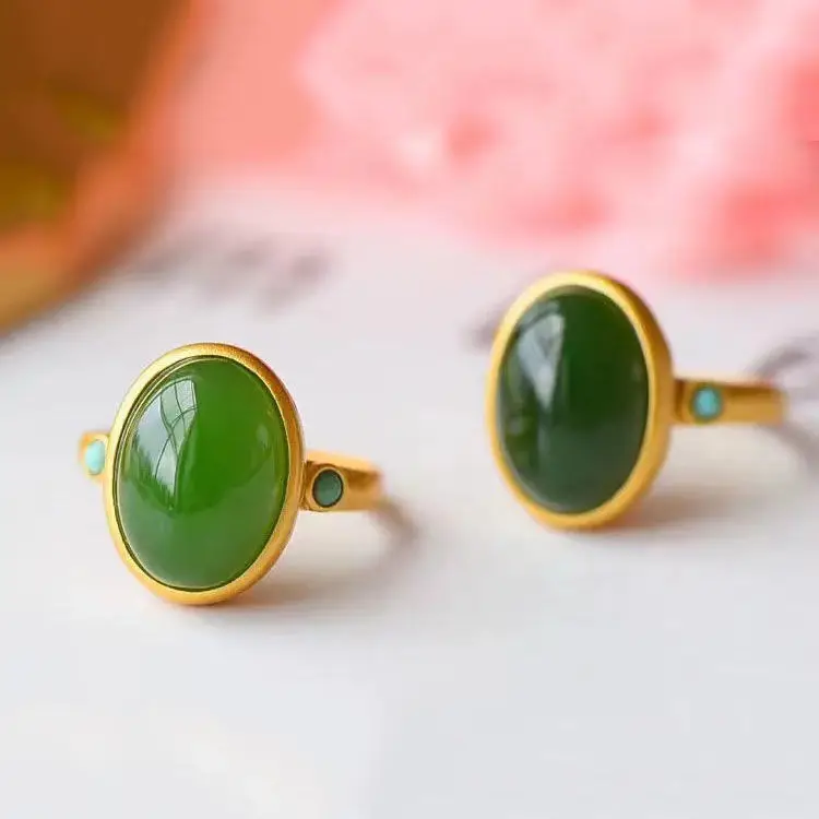 

Classic Vintage Court Sle Pure Silver Gold Plated Ring with Oval Jade Embedding Living Mouth Ring for Women Finger Jewelry