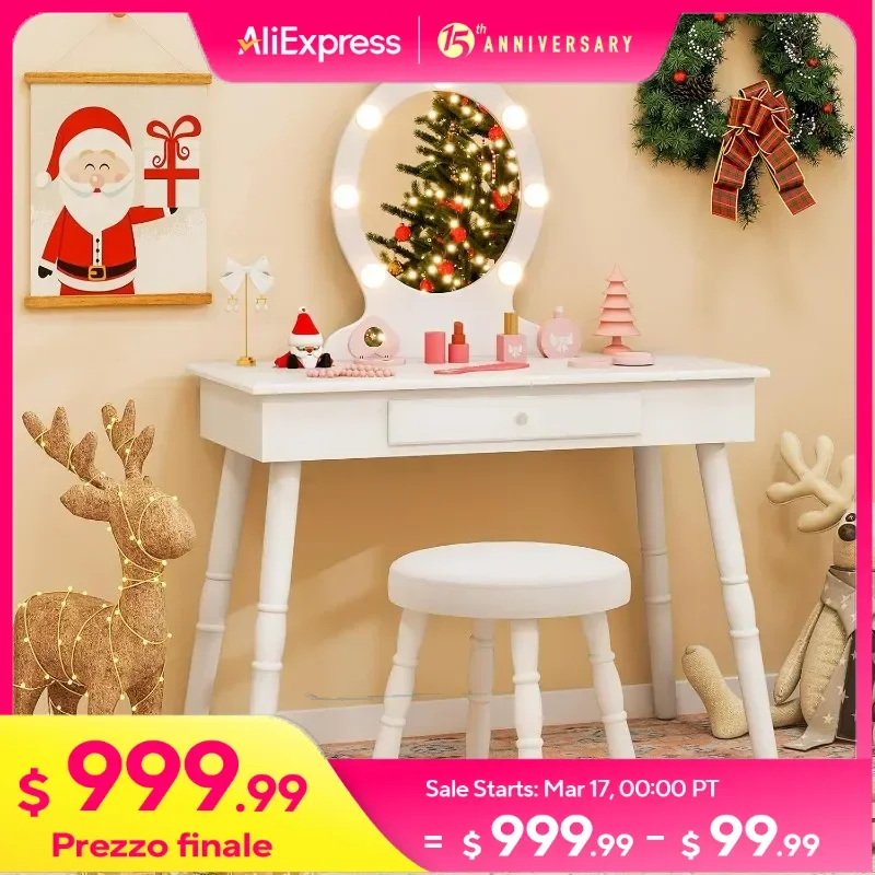 

Kids Vanity, Girls Vanity Set with Mirror and Stool and Lights, Drawer, 2 in 1 Wooden Toddler Makeup Vanity Desk Dressing Table