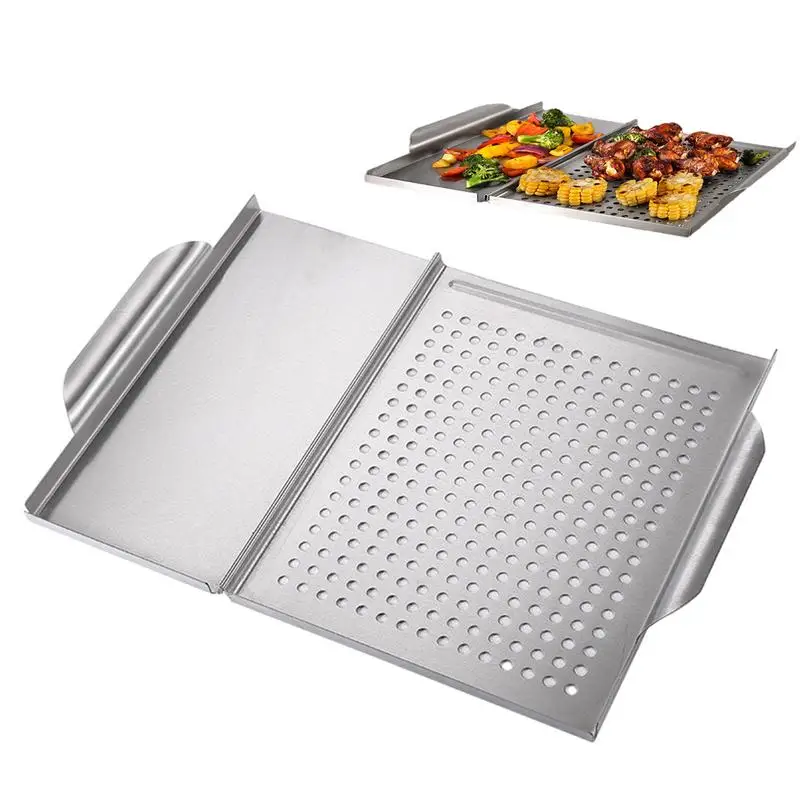 

Grill Tray Stainless Steel Grilling Pan Heavy Duty Vegetable Grill Topper Oven Grill Sheet Meat Barbecue Plate With Handle