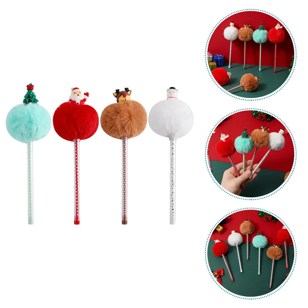 

4pcs Christmas Pom Pom Gel Pen Lovely Painting Writing Pens For Teachers Students Smooth Sign Stationery Gift Cute Portable Pen