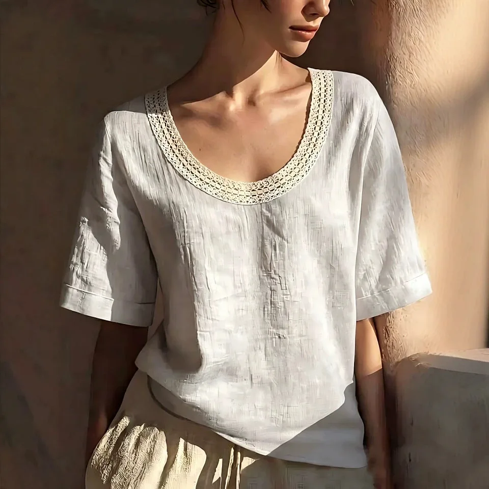 Summer Women's Lace Decorated U-Neck Cotton Linen Short Sleeve Resort Style Base Shirt