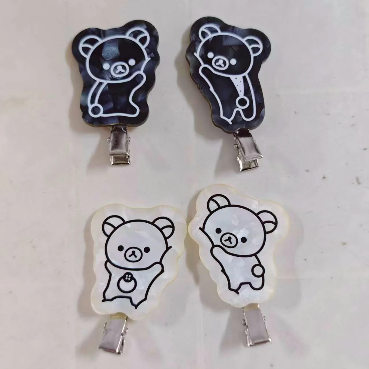 Cute Basic Rilakkuma Korilakkuma Monochrome Pearl Marble Black White Acrylic Hair Clip Set 2PCS Hair Pin Barrette Girls Gifts