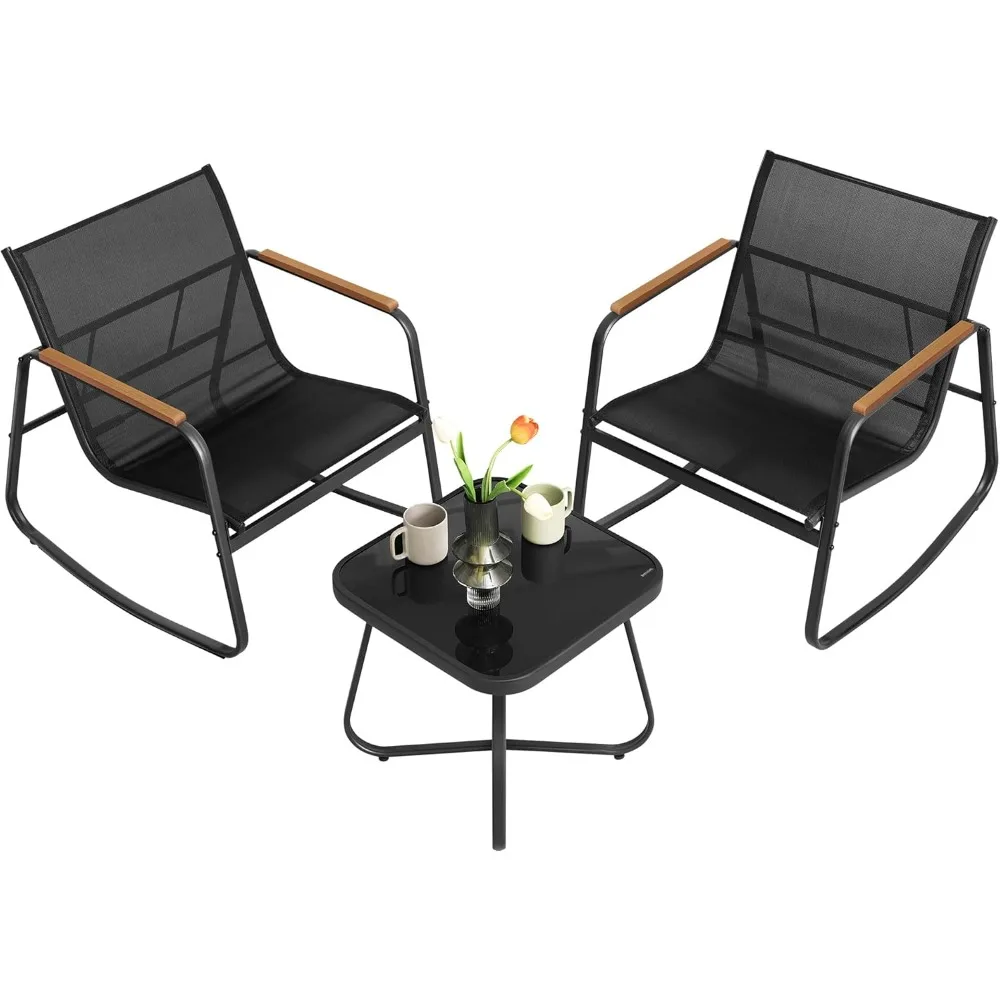 

3-Piece Patio Furniture Set, Garden Coversation Set, 2 Rocking Chairs, Table, Outdoor Lawn Backyard, Steel, with Armrests, Brea