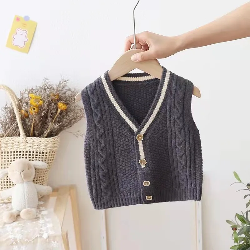 Spring Autumn Girls Boy Knit Cardigan Vest Fashion Children Vest Jacket Kids Baby V-neck Sleeveless Sweater Solid Waistcoats