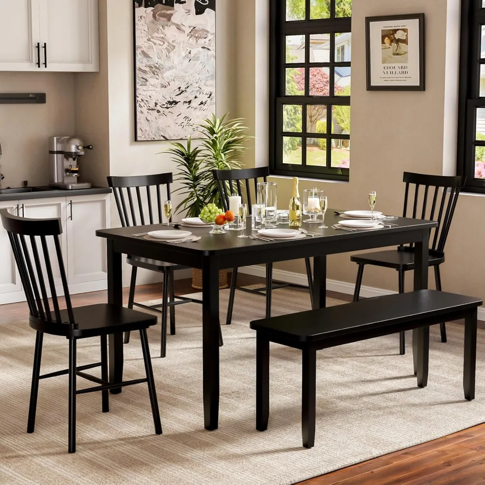

6-Piece Dining Table Set, Modern 58"/W Kitchen Table Set for 6 with 4 Windsor Chairs & 1 Bench, Solid Wood Kitchen & Dining Roo