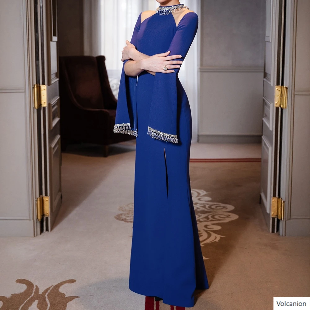 Abiti da sera a trapezio personalizzati Abito da ballo a maniche lunghe con collo alto lungo fino al pavimento Abito da festa casual drappeggiato semplice in cristallo di moda