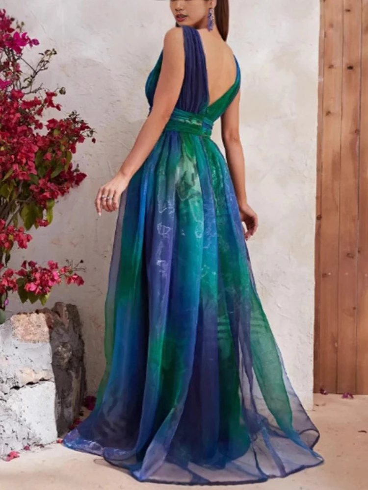 Chiffon Patchwork Printing Big Swing Dresses Spring Women Sleeveless Mesh Backless Dress Summer High Waist Floor Length Dress