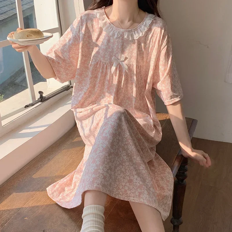 100kg Plus Size Loose Pajamas Women Summer Imitation Cotton Long Nightdress Short Sleeve Lace Literary Floral Dress Home Clothes