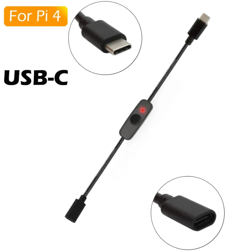 Interrupteur d'alimentation USB Type C avec voyant lumineux mâle à femelle, câble d'extension USB-C pour Raspberry Pi 4B, 2 pièces