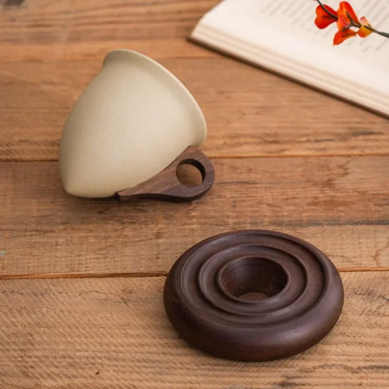 Creative Brown Ceramic and Wood Spliced Coffee Cup Garden Wooden Saucer Afternoon Tea Dessert Tea Cup Retro Office Mug Water Cup