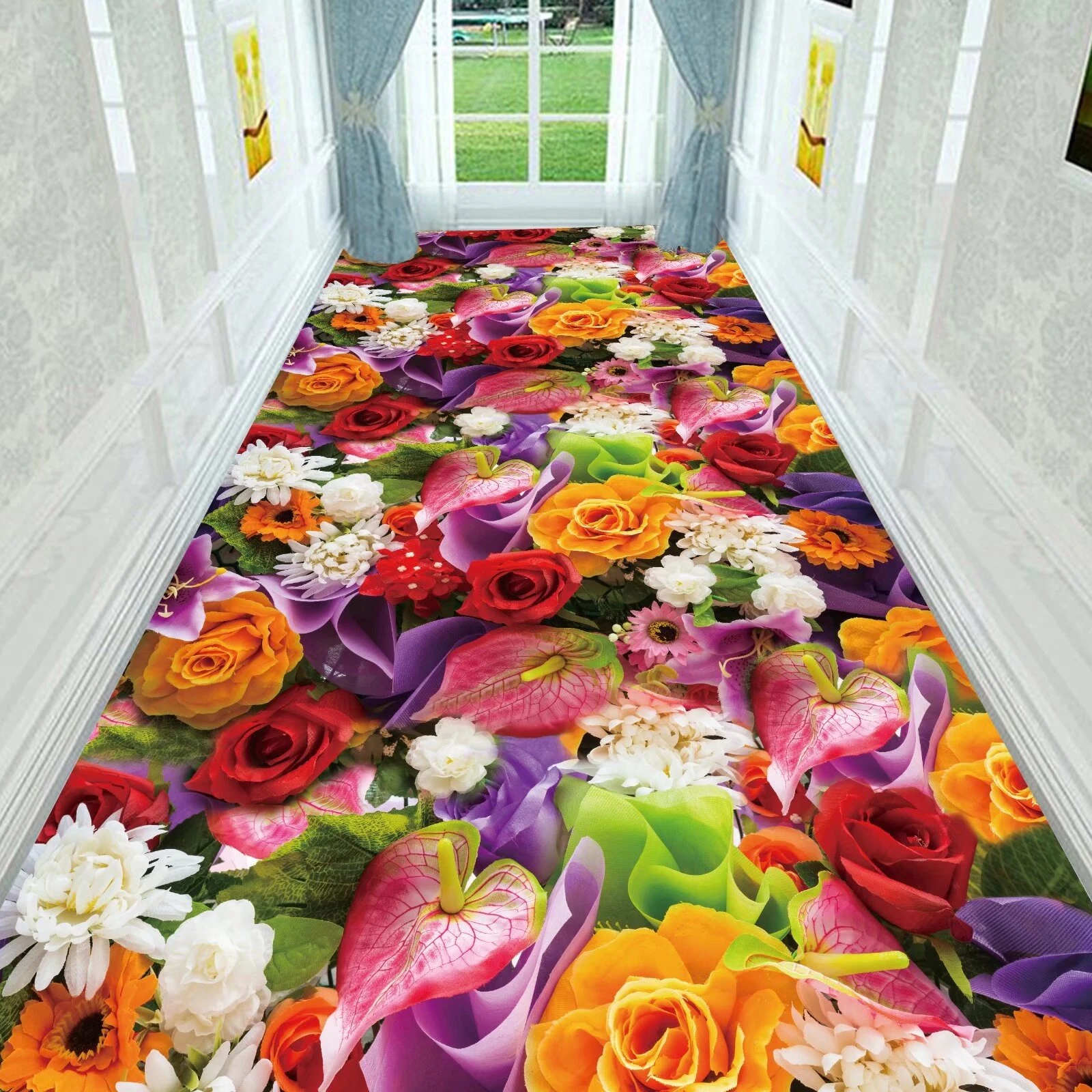 Pastoral Style Villa Passageway Carpet 3D Flower Decor Long Runner Large Rug Antiskid Soft Wedding Stairway Floor Mat Washable