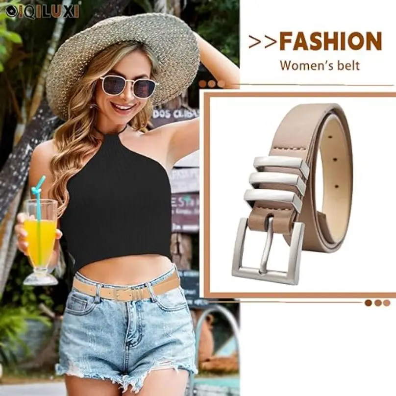 Fashion Women Casual Leather Belt for Jean Pants adjust Cowhide Silver Matte Buckle Fashion Black Western Belts for Women