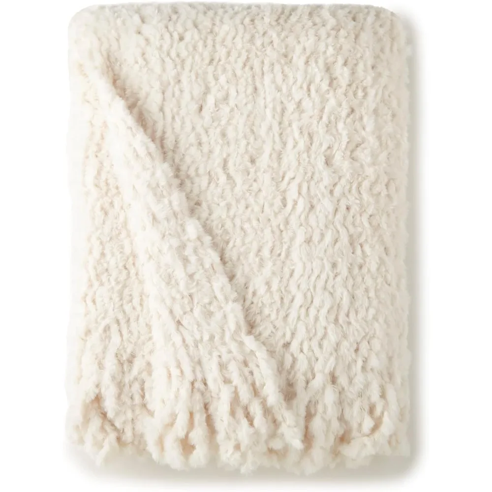 

Ivory Fringe Trim Knit Faux Rabbit Fur Throw 50" x 60"