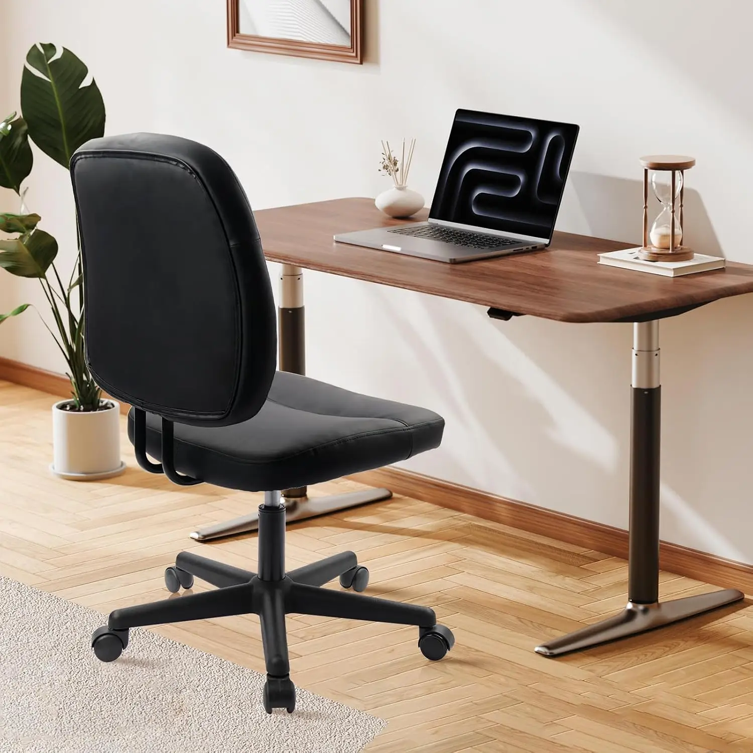 Armless Ergonomic PU Leather Office Chair with Lumbar Support & Wheels, Adjustable Swivel Low Back Desk  Customized