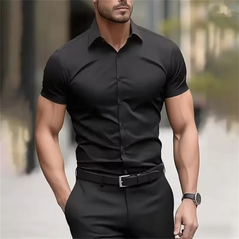 Men's Summer Business Shirt Short Sleeve Stretch Fabric Black Without Pocket Slim Fit Male Social Dress Shirt High Quality 5XL
