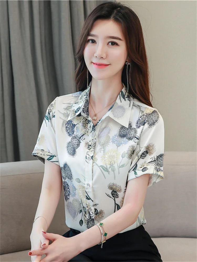 

Floral Print Chiffon irt Women's ort Sve Faionable Summer Top Korean Sle Slim Fit Collar Regular Length