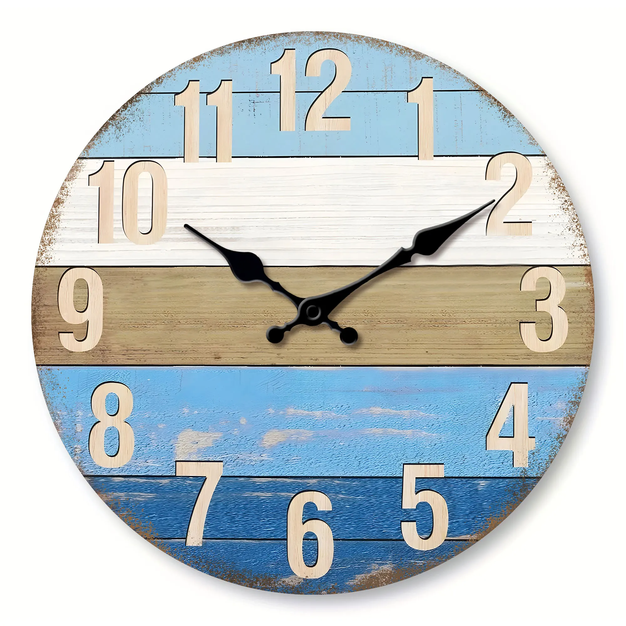 1 Stück Holzfurnier-Wanduhr, alte blaue Holzstruktur-Design-Wanduhr, geräuschlos, nicht tickend, geeignet für Wohnzimmer, Schlafzimmer, Ki