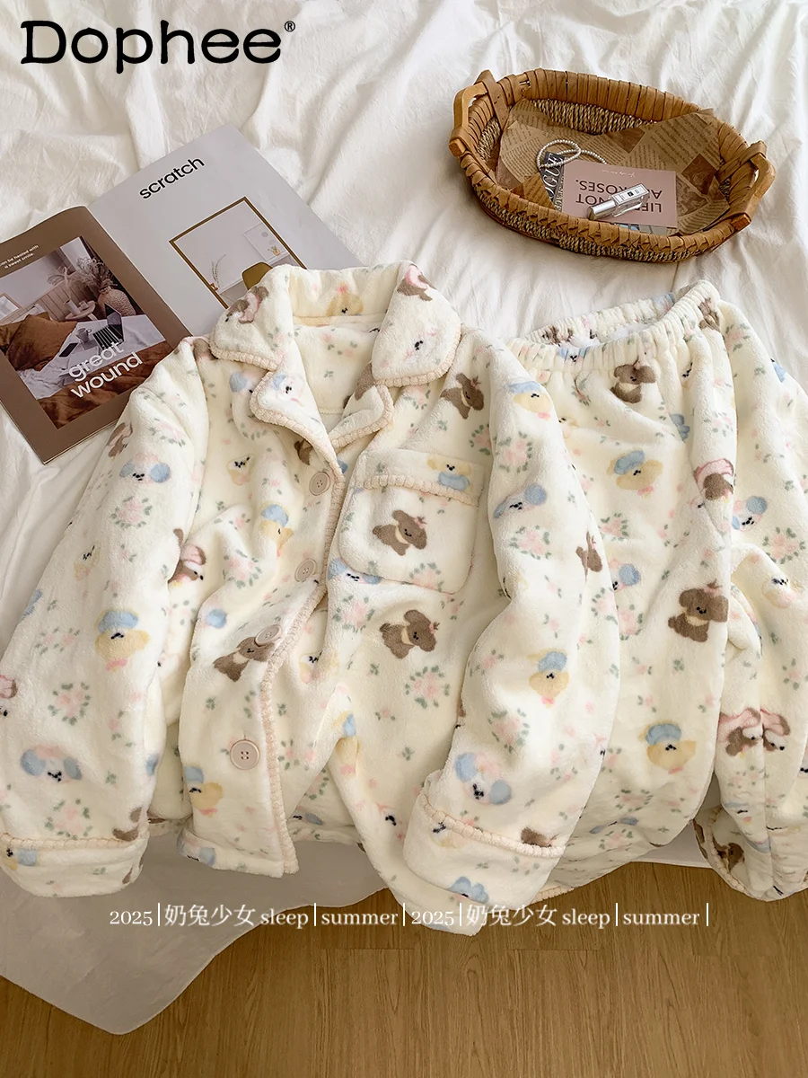 

Осенне-зимние утепленные пижамы из кораллового флиса для женщин, милые милые студенческие свободные повседневные домашние костюмы в японском стиле с героями мультфильмов