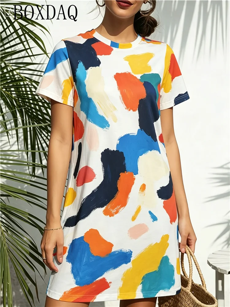 Round Neck Short Sleeved Loose Fitting Women's Dress, Fashionable and Casual Home Women's Clothing, Fun Abstract Printed Dress