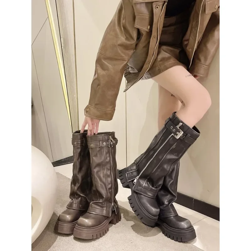 Brand Desinger Knight Women Mid Calf Boots Chunky High Heeled Platform Punk Motorcycle Long Booties Goth Street Shoes for Women
