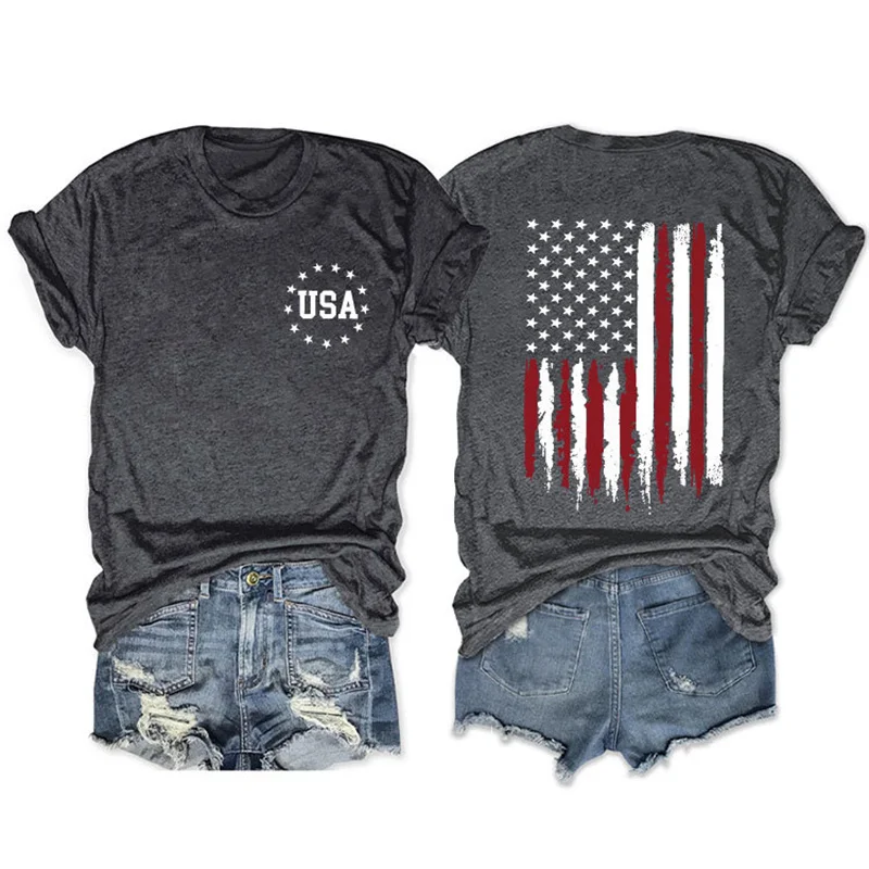 

New summer cotton women USA American flag print short sleeve fashion vintage fashion crew neck T-shirt