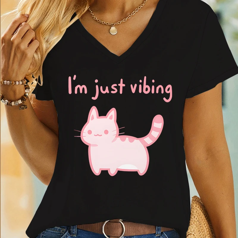 I'm Just Vibing Graphic T Shirts Women Cat Mom Essential Premium T-shirts Girls Kawaii Cartoon Cat Trending Short Sleeve T-shirt