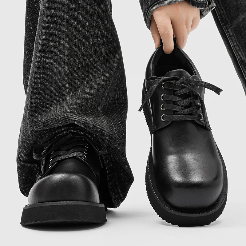 Men Black Round Toe Thick Soled Derby Shoe Are Simple Height Increasing Non Slip Flat Bottomed Suitable for Daily Commuting Wear