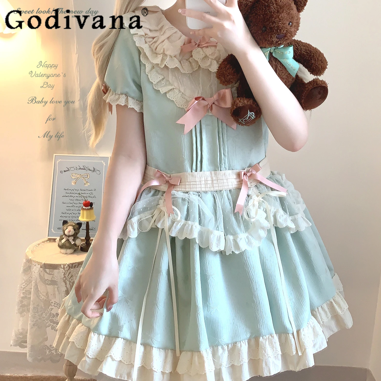 

Original Japanese Soft Girls Student Kawaii Short Dress 2025 Summer New Cute Bow Doll Collar Dress Sweet Girls Dating Dresses
