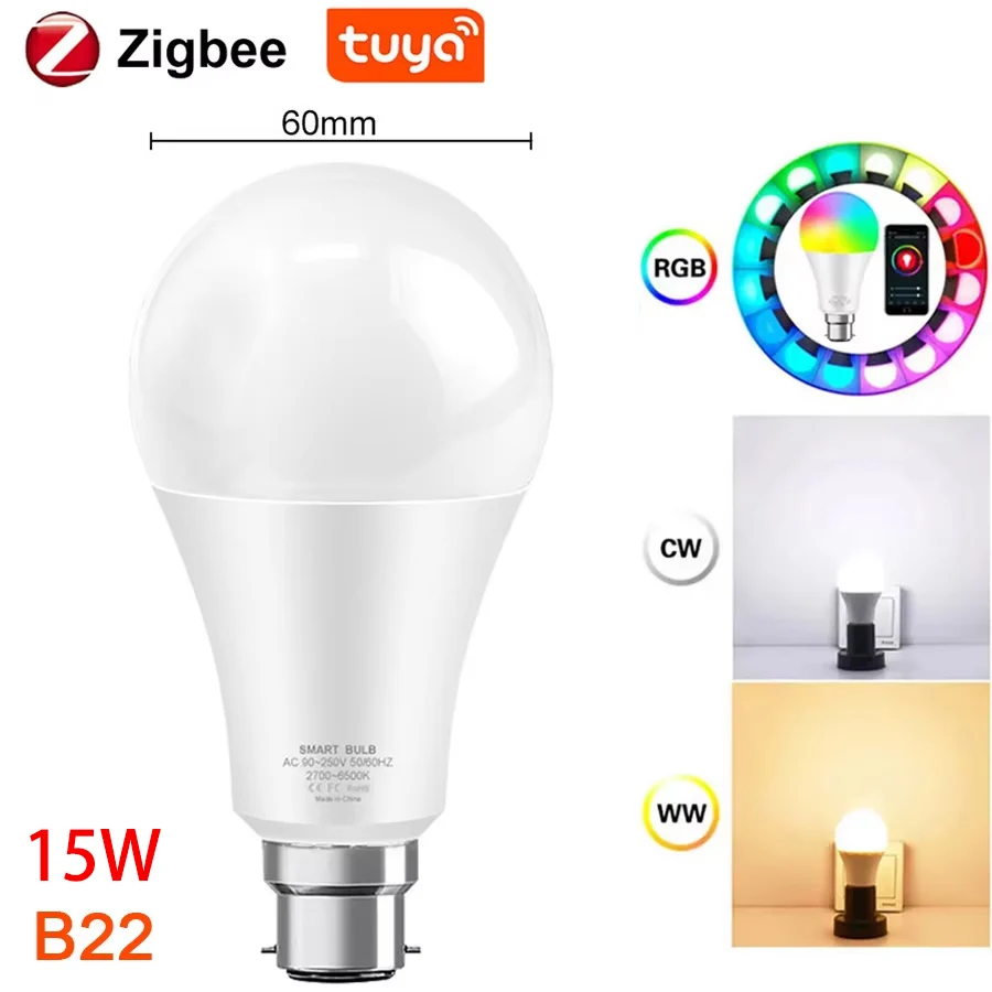 Zigbee 3.0 Compatibele Slimme Gloeilamp E27 B22 15W RGB Kleur Veranderend Dimbaar Werkt met Alexa Google Home Spraakopdracht