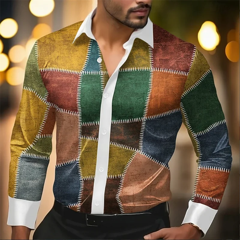 

Casual men's long sleeved shirt button up shirt long sleeved business 3D color block fabric printed shirt collar button