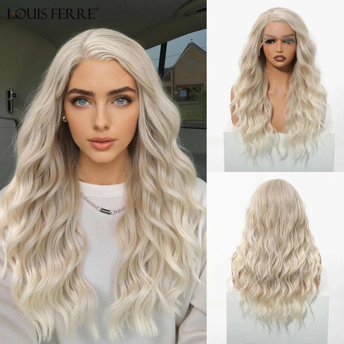 

LOUIS FERRE White Blonde 13*5*1 Lace Front Wig Long Wavy Side Part Synthetic Hair Wig For Women Heat Resistant Daily Cosplay Wig