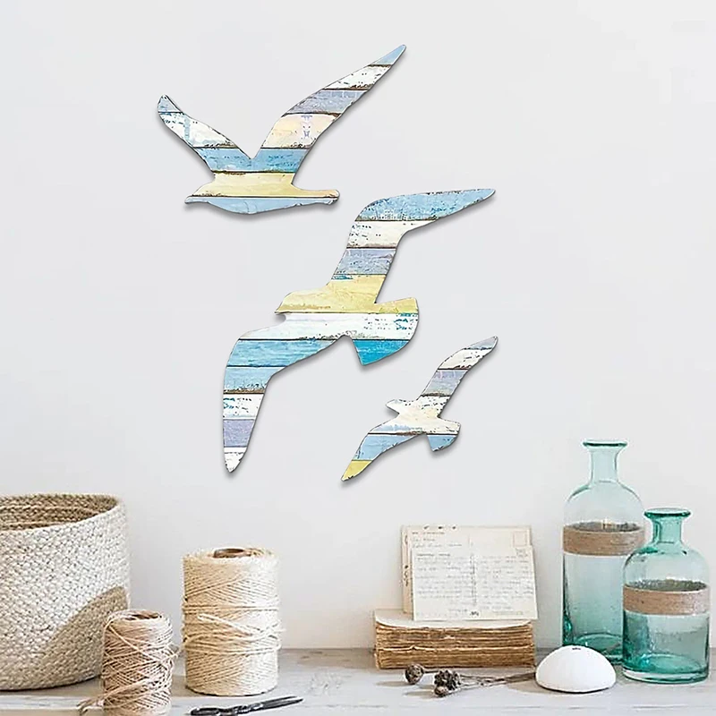 3-Piece Wooden Seagull Wall Decor - Retro Nautical Coast Theme Marine Bird Living Room Bedroom Decoration