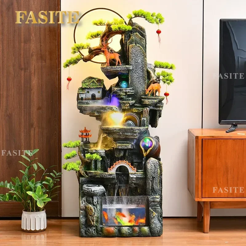 Indoor Rockery Water Fountain with Humidifier Atomizer Lucky Feng Shui Decor for Living Room Entrance Courtyard Fish Tank
